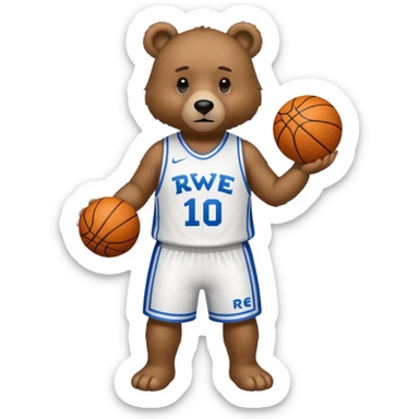 Bear with full body and wearing basketball white  jersey that says RWE  sticker