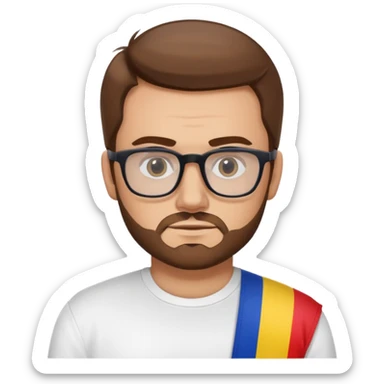 A brown-haired white man with a designer stubble beard and rectangle glasses. He shrugs. In the background the Romania flag. sticker