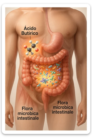 Realistic, vertical 3D medical illustration showing a semi-transparent human torso with a detailed view of the digestive tract, focusing on the large intestine. Inside the colon, glowing 3D molecules of butyric acid (acido butirrico) are visible, depicted as ball-and-stick models (carbon: black/gray, hydrogen: white, oxygen: red). Around the molecules, clusters of diverse, friendly-looking gut bacteria are shown, interacting positively with the butyric acid. The intestinal wall appears healthy and vibrant, with subtle highlights indicating improved gut health. The background is clean and softly lit, with clear educational labels such as “Acido Butirrico” and “Flora microbica intestinale.” The overall mood is scientific, modern, and supportive of gut wellness. sticker