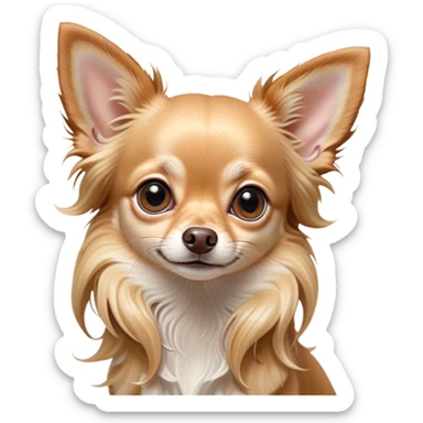 Cinematic Cute Long Haired Fawn Chihuahua Portrait Emoji, Head tilted playfully and inquisitively, silky long fawn hair with gentle highlights, round, sparkling dark eyes filled with curiosity, Simplified yet irresistibly adorable features, highly detailed, glowing with a warm, friendly glow, high shine, affectionate and lively, stylized with a touch of whimsy, bright and endearing, soft glowing outline, capturing the essence of a mischievous yet loving companion, so playful it feels like it could prance out of the screen and into your arms! sticker