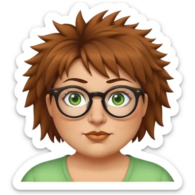  plus size white women round nose with short  brown shaggy spiked hair wearing glasses green eyes  sticker