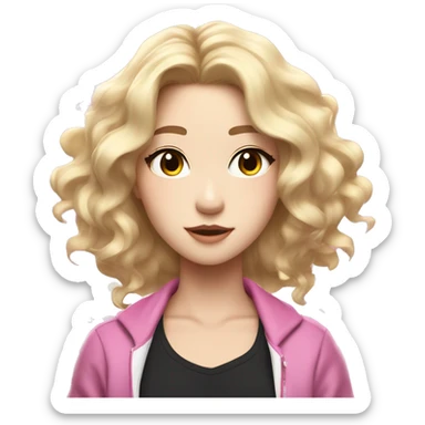 Blonde K-pop idol with wavy hair, almond eyes, natural makeup, and confident expression. Black background with lightning symbol and pink. sticker