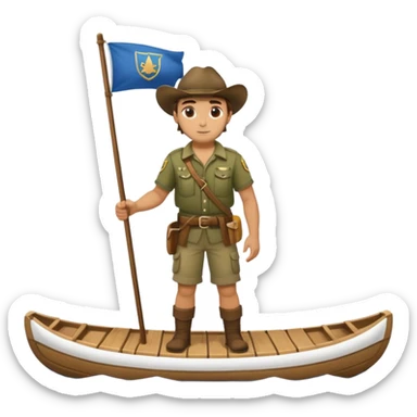 ranger on a wooden raft with a white flag on its mast sticker