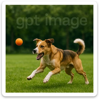  logo with text "gpt image" on the background of a dog chasing ball, realistic image sticker