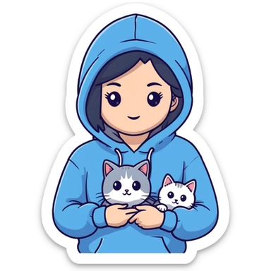 Girl with black hair in gray hoodie with a British shorthair blue and white cat and a long-haired blue and white cat sticker