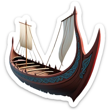 clash-of-clans-aesthetic_-cinematic-viking-longboat, rendered in a flat, bold vector style with minimal shading, featuring a striking dragon-headed prow slicing through icy, churning waters. shields on the side and vikings rowing The longboat’s intricately detailed shields and carved motifs evoke a sense of epic adventure and Nordic might, with billowing sails catching a dramatic, stormy sky backdrop. sticker