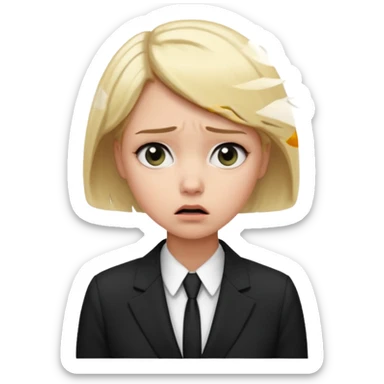 a office woman disappointed and scared now after getting yelled at, short blonde hair with black and white suit sticker