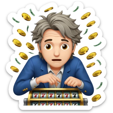 disheveled man losing money at a slot machine, panicked face, coins flying sticker