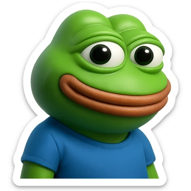 pepe in
- 3d style
- bright green
- smiling
- looking straight at the camera
- good highlights and shadows
- 30deg angled towards the left sticker