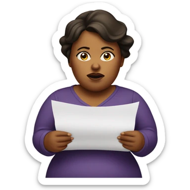 overweight woman with doubts reading a paper in their hands sticker