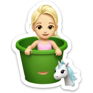 Blonde baby girl, inside of a green bucket riding a unicorn with rainbow hair ￼ sticker