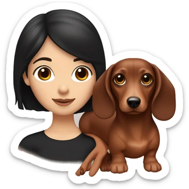 White girl with straight black hair holding a red dachshund and brown dachshund  sticker