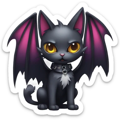  cool edgy kawaii ethereal dark-punk-themed animal vampiric cat-hybrid Fakemon with fangs and bat-wing-ears with a collar full body sticker