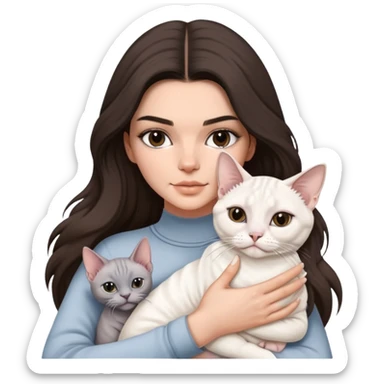 brunette Kendall Jenner with long hair holding on the hands a british white cat and a grey Sphynx sticker