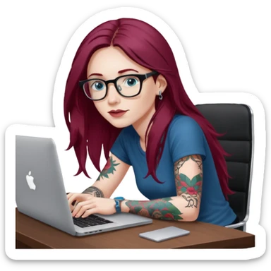 Realistic Macbook pro, side view of female, long burgundy hair, pale skin, blue eyes with tattoos, graphic designer, sitting at work desk with MacBook open, still view sticker