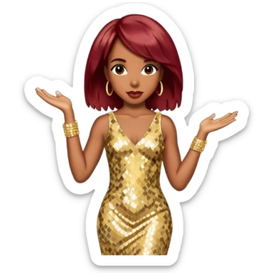 Kelly Rowland from Destiny's Child with dark red hair, gold sequin outfit sticker