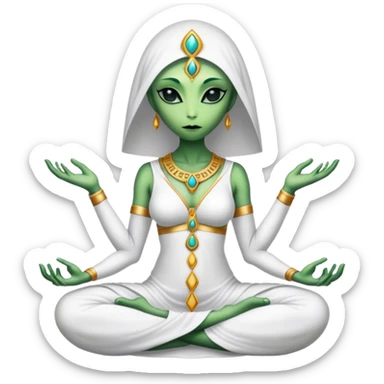 a Reptilian alien woman,in meditation, white dress like a priestess sticker