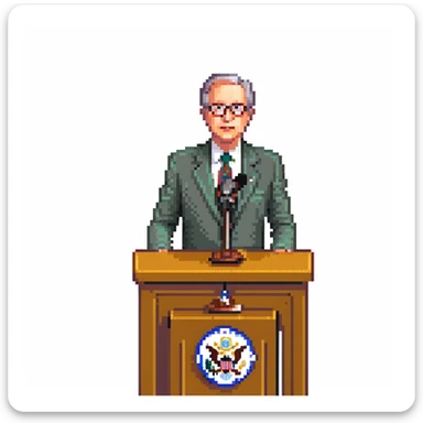 a SNES box art image of a man who looks like a fiftysomething distinguished american politician, standing and speaking emphatically at a podeum. cutscene graphic sticker
