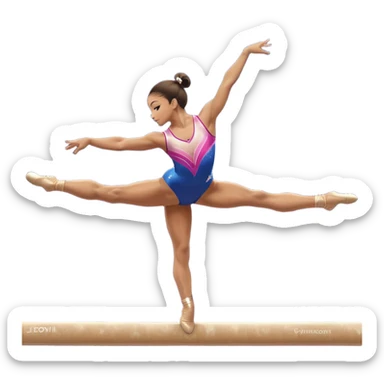 A gymnast performing a flawless routine on the balance beam, showcasing strength and grace. The scene captures the precise, elegant movement with perfect balance and form. The background features a gymnastics arena with vibrant lighting and cheering crowds, emphasizing athleticism and poise. sticker