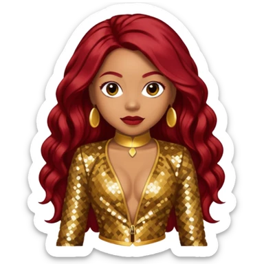 LaTavia Robeson from Destiny's Child with long dark red hair, gold sequin outfit sticker
