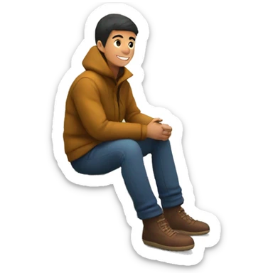 A boy sitting on grass and enjoy the view of river and snow fall sticker