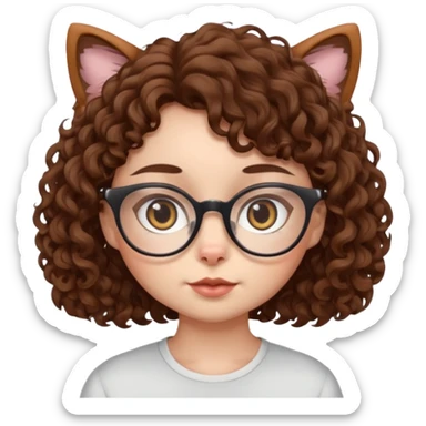 character with brown curly hair, doe eyes, white skin, cat eye glasses sticker