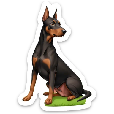 Close-up of a Doberman Pinscher sitting on lush green grass, looking alert and majestic. The background features a beautiful, serene nature view with rolling hills and bright blue skies. The dog’s sleek black and tan coat shines under the sun. Transparent background. sticker