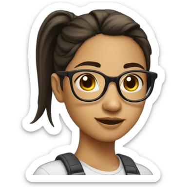 A girl with a round face and a ponytail and dark, gradual glasses sticker
