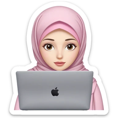 White skin woman wearing light pink hijab with natural makeup, long eyelashes and lip gloss working behind laptop sticker