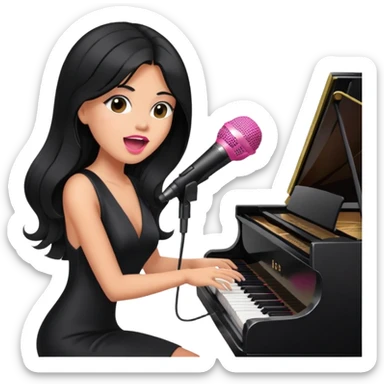 pink microphone, music, singing, playing piano, long black hair tanned woman, black glam dress sticker
