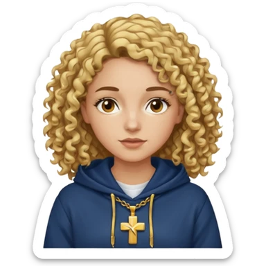 woman with curly brown hair and blonde highlights, brown eyes, and a gold cross necklace over a navy hoodie. sticker