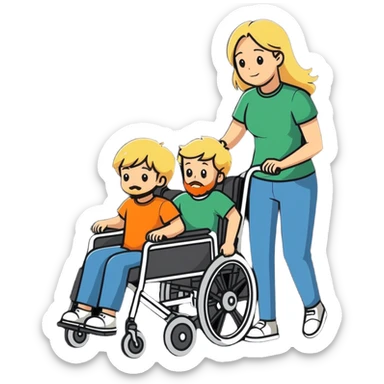 long haired blonde women pushing her bearded son in a wheelchair sticker