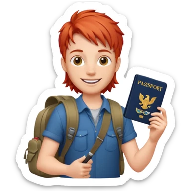 red haired Traveler character with passport, backpacker,  sticker