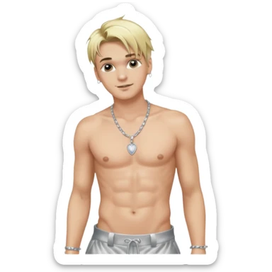 Aaron Carter with blonde hair, silver satin baggy pants, shirtless with necklace  sticker