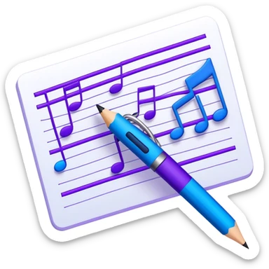 Emoji that represents music track writing. The design should feature a music composition sheet with musical notes and lyrics, a digital audio workstation (DAW) interface or soundwaves, and a pencil or pen to symbolize the writing process. Add a touch of technology with subtle elements like sound mixing sliders or waveform graphics. Use a blend of vibrant and inspiring colors, such as electric blue or neon purple, to evoke a sense of creativity and innovation. The background should be transparent. sticker