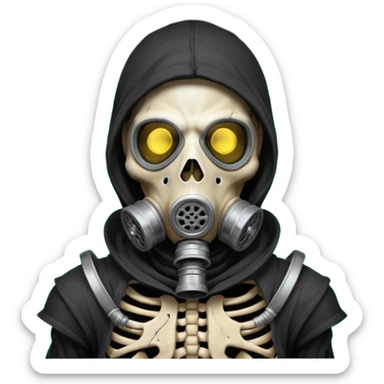 skeleton wearing a gas mask portrait, head and shoulders only, visible rib cage bones, cracked skull, dark hood, glowing eyes inside the mask, post-apocalyptic vibe, dramatic lighting, 3D cartoon, mobile game icon style, clean background, no text, no watermark
 sticker