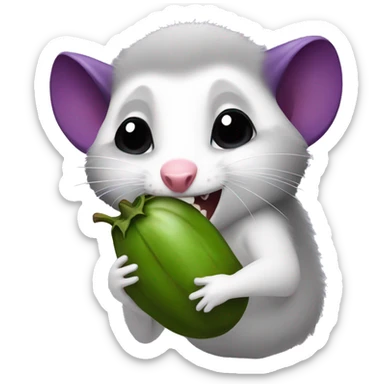 An opossum eating an eggplant sticker