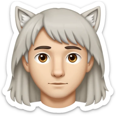 white man with dark short brown hair with curtain bangs, and pure white wolf ears sticker