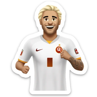 Mauro İcardi is playing for Galatasaray, he has blonde hair, light skin and tattoos. He brings his hands to his ears, celebrates a goal and laughs. sticker