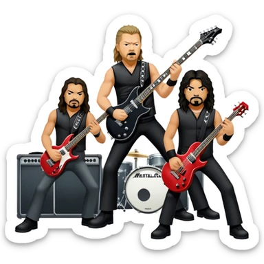 Icon for Metal Music: Metallica band members detailed in their signature look. James Hetfield with guitar, Lars Ulrich on drums, Kirk Hammett with his electric guitar, and Robert Trujillo playing bass. Bold, energetic style with musical notes, all in a heavy metal aesthetic. Transparent background. sticker