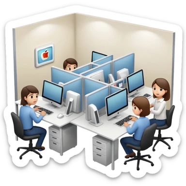 small office interior with employees working at computers, representing a small or medium business, Apple iOS style, soft lighting, glossy finish, white background sticker