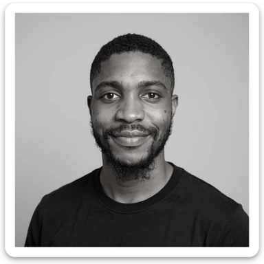 A professional portrait of me in monochrome. Plain black crew neck shirt. Tailored to LinkedIn. Tech boy vibe (programmer). I’m a black man from Nigeria. Retain facial features from attached image. Make face smoothie and healthy. No accessories. Light gray background to make subject more visible. sticker