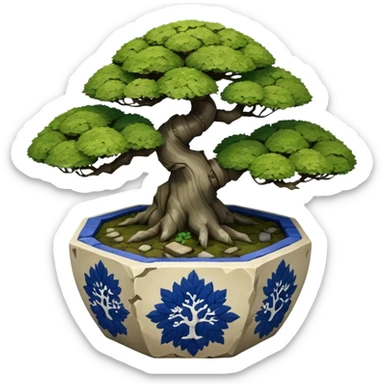 Japanese very old broken intricate Stone Age rocky-crusted dodecahedron-shaped shallow dark moss rough bark blue willow flower maple tree bonsai pot sticker