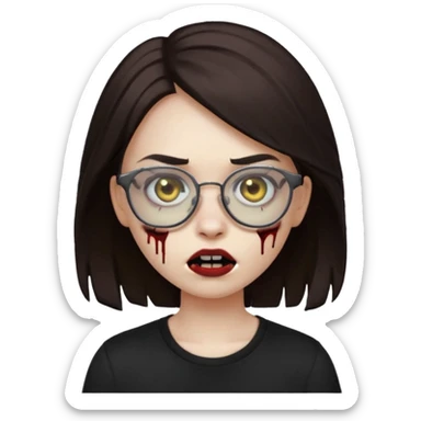 apple emoji zombie girl with dark brown emo hair and black shirt and glasses sticker