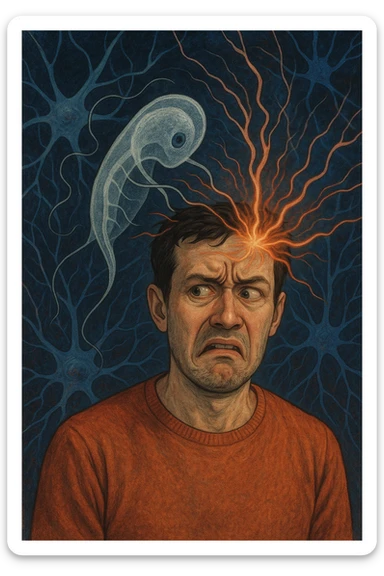 Uomo con espressione confusa e sbalzi emotivi visibili sul volto, in un ambiente surreale. Un'ombra astratta o un parassita trasparente (Toxoplasma gondii) si insinua nel cervello, con linee energetiche che influenzano le emozioni. Sfondo neurologico, atmosfera tesa, simbolismo mentale e parassitario. sticker