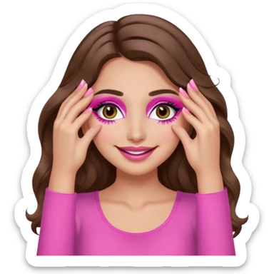 girl with long wavy brown hair, brown eyes, long lashes makeup, sexy pink lips, light to medium complexion, wearing a pink sexy top, smiling, hands covering over the eyes sticker