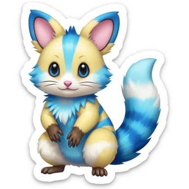 Realistic cute Neon-yellow and neon-cobalt-blue and cyan-gradients Furret-Emolga-Genet-Purrloin-hybrid-fusion (full body) sticker