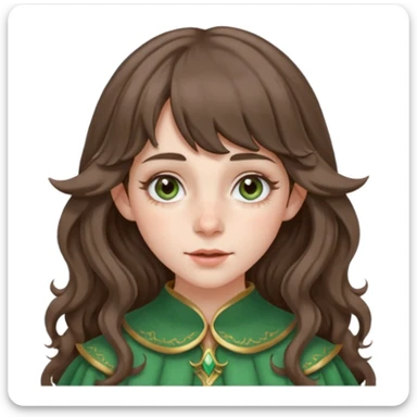 A young woman with medium length brunette wavy hair, with curtain bangs. Has pale ivory skin, rosy cheeks, and has freckles dusting the cheeks and nose. Has hazel green/gray eyes, and long elf ears. sticker