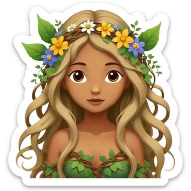 Cinematic Realistic Forest Nymph Fairy Portrait, depicted with lifelike, sun-kissed tanned skin that radiates an earthy glow, softly illuminated by natural, dappled light. Her long, flowing hair is intricately detailed and interwoven with delicate vines and wildflowers, while her deep, soulful eyes mirror the wisdom of the forest. Dressed in an attire inspired by nature’s palette—with subtle botanical motifs—the portrait exudes a soft, enchanted glow that melds realism with woodland magic. sticker