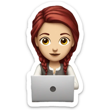 Slavic white girl with burgundy hair and brown eyes with laptop on the table  sticker